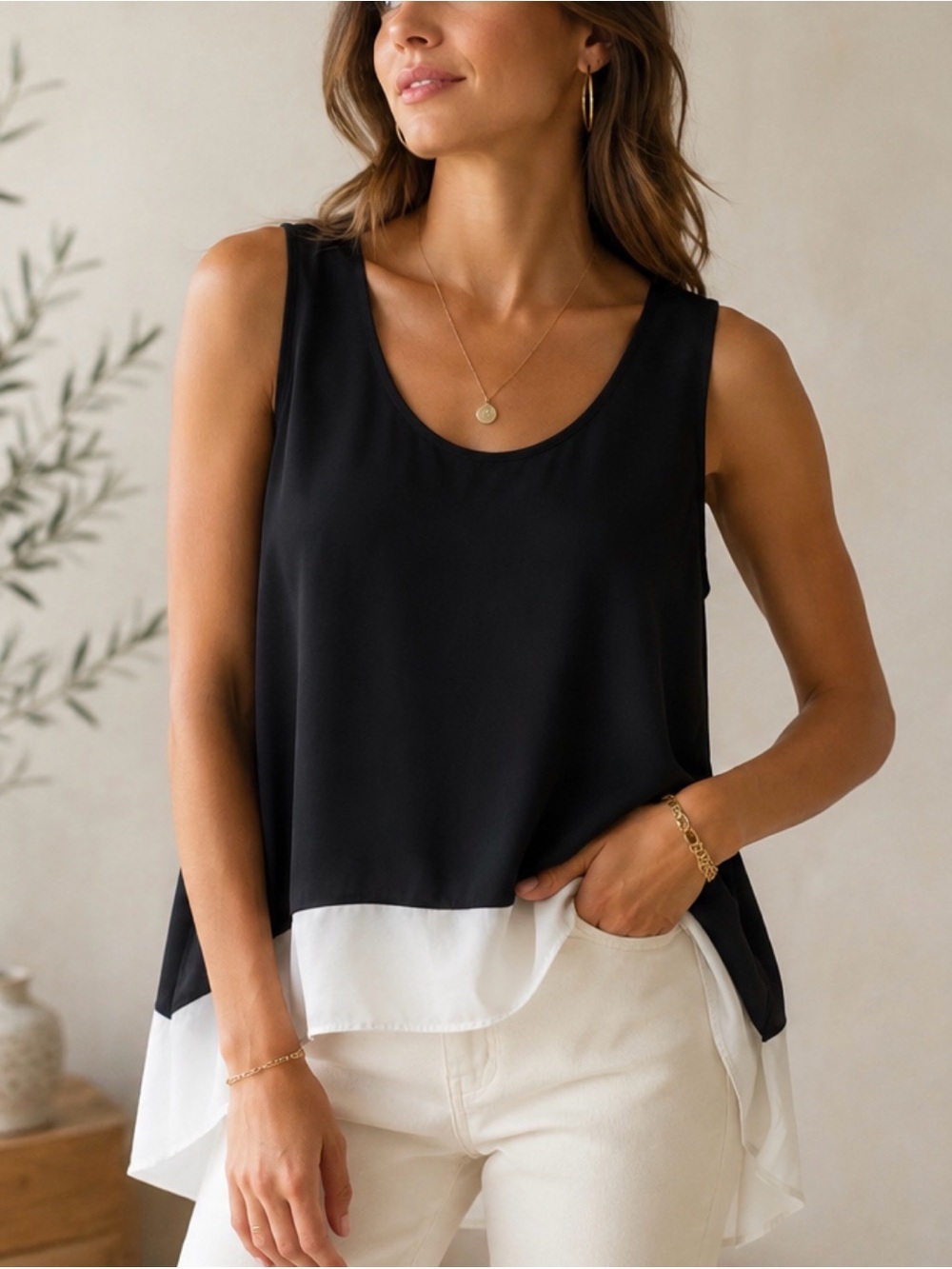 BCBGMAXAZRIA Black White Colorblock Sleeveless Layered High Low Tunic Blouse L